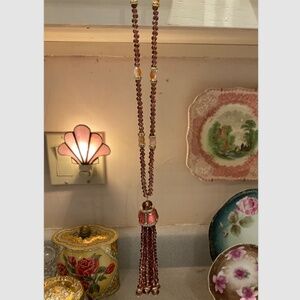 Light Maroon Swarovski Crystal Beaded Pendant Tassel Statement Necklace 18”